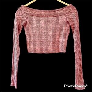 Libian Pullover Cropped Long Sleeve Boat Neck Sweater Size MEDIUM Metallic Rose